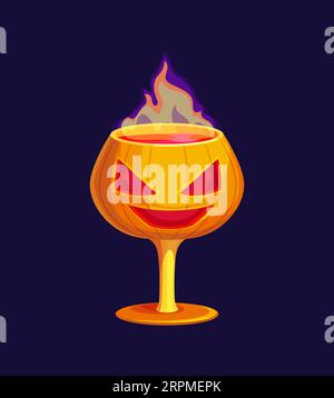 Halloween holiday party cocktail drink. Isolated vector spooky cup in shape of pumpkin face with creepy eyes and mouth, filled with bloody steaming liquid, for a hauntingly delightful holiday fun Stock Vector