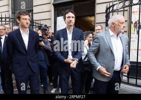 LVMH CEO Bernard Arnault and his son Frederic attending the funeral  ceremony for late French industrialist-turned-politician Serge Dassault,  the Hotel des Invalides courtyard on May 31, 2018 in Paris, France, who died