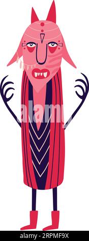 Angry Pink demon with a creepy face. Modern cartoon illustration for Halloween holiday Stock Vector