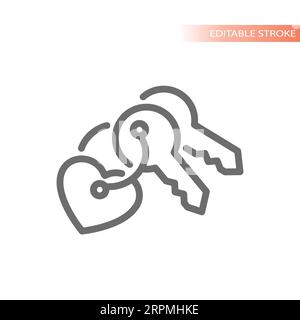 Two set of keys with heart key chain. Home, house keychain for love couples line vector icon. Stock Vector