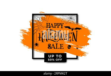 Halloween sale banner with holiday frame, grunge blob, spiders and cobweb. Vector spooky trick or treat special offer and discount voucher of orange brush stroke in square frame, creepy skull and bat Stock Vector