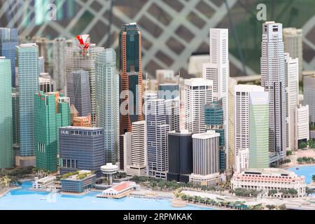 Close up view of 3D model sand table of Singapore skyscrapers and infrastructure for the public to view or study how smart nation progress. Stock Photo