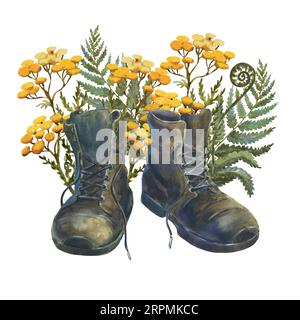 Hiking shoes with wild flowers tansy and fern. Drawing of retro outfit for travel and adventure. Hand drawn watercolor illustration of antique leather Stock Photo