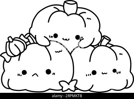 A vector of a cute kawaii pumpkins in black and white coloring,coloring page halloween Stock Vector