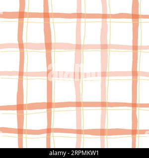 Hand Drawn pink and yellow plaid with Vector Seamless Pattern. Doodle Cottagecore Checks with Homestead Farmhouse Print wallpaper. Pastel Summer Graph Stock Vector
