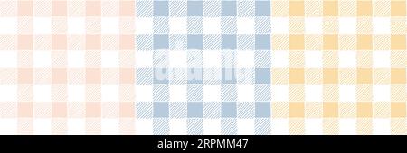 Hand Drawn set of Tartan checked plaid Vector Seamless Pattern. Romantic Artistic Cottagecore Checks in blue, yellow and pink. Homestead Farmhouse Cot Stock Vector