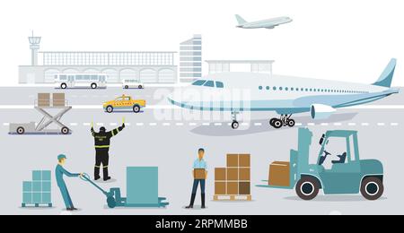 Air freight at the airport on the tarmac with airplane,  illustration Stock Vector