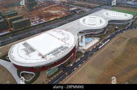 200214 -- WUHAN, Feb. 14, 2020 -- Aerial photo taken on Feb. 14, 2020 shows a view of Jiangxia temporary hospital in Wuhan, capital city of central China s Hubei Province. Jiangxia temporary hospital, a 400-bed hospital converted from an outdoor sports center, started to receive COVID-19 patients with mild symptoms on Friday. The hospital is the first temporary hospital that mainly adopt Traditional Chinese medicines TCM to treat the patients.  CHINA-HUBEI-WUHAN-NCP-TCM-HOSPITAL CN ChengxMin PUBLICATIONxNOTxINxCHN Stock Photo