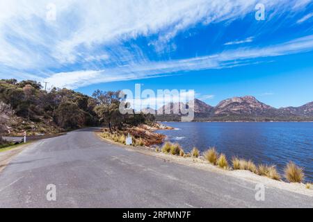 The view from Coles Bay boat ramp area across to the Hazards in Freycinet Peninsula, Tasmania, Australia Stock Photo