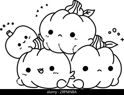 A vector of a cute kawaii pumpkins in black and white coloring,coloring page halloween Stock Vector