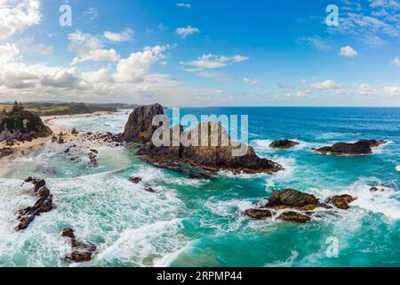 An aerial shot in late summer afternoon of Glasshouse Rocks Beach near Narooma, NSW, Australia Stock Photo