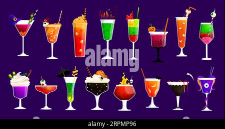 Halloween cocktail drinks for holiday party bar menu with witch potion soda, vector glasses. Halloween holiday festival cocktail drinks and beverages with spooky skull, eye and bone decorations Stock Vector