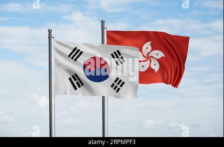 Hong Kong flag and South Korea flag waving together on blue sky, two country cooperation concept Stock Photo
