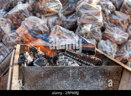 wood burning in a large barbeque, pile of raw chopped wood in the background Stock Photo