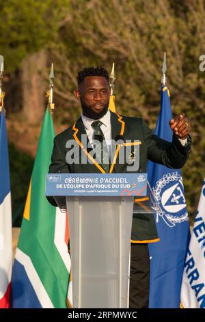 Toulon, France. 04th Sep, 2023. Siya Kolisi, captain of the South African rugby team (Springboks) at the ceremony to welcome the 2023 Rugby World Cup in Toulon, France, on September 4, 2023. Photo by Laurent Coust/ABACAPRESS.COM Credit: Abaca Press/Alamy Live News Stock Photo