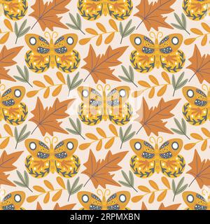 Autumn butterflies and maple leaves seamless pattern. Fall leaf background with moths. Botanical cozy seasonal print for textiles, wallpaper Stock Vector