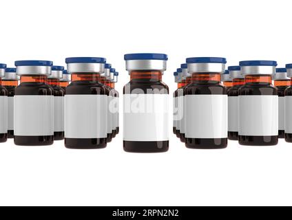 Medicine bottles for injection. Medical brown glass vials with blue caps, liquid solution for infusion isolated on a white background. Blank label moc Stock Photo