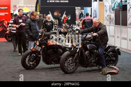 200221 -- TORONTO, Feb. 21, 2020 -- People visit the 2020 Toronto Motorcycle Show in Toronto, Canada, on Feb. 21, 2020. Giving enthusiasts their first chance to get hands on the new motorcycle models and a wide range of motorcycle lifestyle features, this annual three-day show kicked off here on Friday. Photo by /Xinhua CANADA-TORONTO-MOTORCYCLE SHOW ZouxZheng PUBLICATIONxNOTxINxCHN Stock Photo