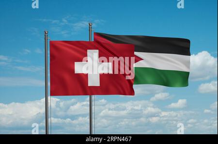 Jordan and Switzerland flag waving together in the wind on blue sky, two country cooperation concept Stock Photo