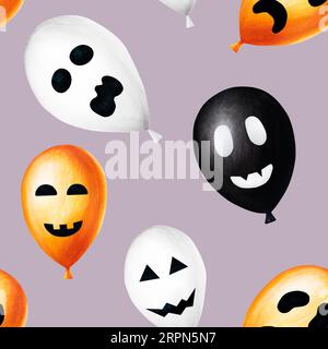 Watercolor Halloween seamless pattern with balloons illustration with scary faces. Hand painting orange, black, white balloon sketch isolated on white Stock Photo