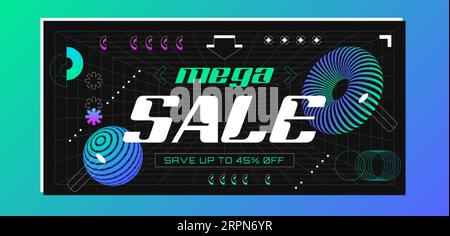 Retrofuturistic sale banner with abstract 3d wireframes geometry objects from line grid. Futuristic promotion template design with geometric shapes in vaporwave style. Discount, special offer concept. Stock Vector
