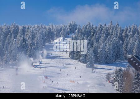 The Fichtelberg near Oberwiesenthal in the Erzgebirge district is the highest mountain in Saxony at 1214.88 m above sea level (2) 1. Thus, the Stock Photo