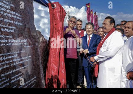 200224 -- COLOMBO, Feb. 24, 2020 -- Sri Lankan President Gotabaya Rajapaksa 1st L, Sri Lankan Prime Minister Mahinda Rajapaksa 3rd L, front, and Chinese Ambassador to Sri Lanka Cheng Xueyuan 2nd L, front, attend the ribbon cutting ceremony to officially open the extension of Southern Expressway that will link the country s main ports and airports near Barawakumbuka, Sri Lanka, Feb. 23, 2020. TO GO WITH Sri Lanka links ports, airports with expressway extension SRI LANKA-CHINA-EXPRESSWAY-EXTENSION TangxLu PUBLICATIONxNOTxINxCHN Stock Photo