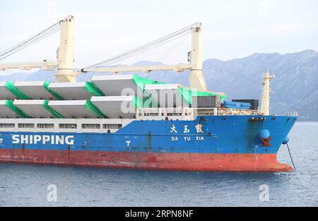 200224 -- PLOCE CROATIA, Feb. 24, 2020 -- Chinese ship Da Yu Xia loaded with steel box girders is seen at the port of Ploce, Croatia, on Feb. 24, 2020. A Chinese cargo ship carrying steel parts for construction of Croatia s Peljesac Bridge arrived at the southern port Ploce on Monday. /Pixsell via Xinhua TO GO WITH Steel parts for Croatia s major bridge project arrive on time CROATIA-PLOCE-CHINESE CARGO SHIP-PELJESAC BRIDGE-STEEL PARTS IvoxCagalj PUBLICATIONxNOTxINxCHN Stock Photo