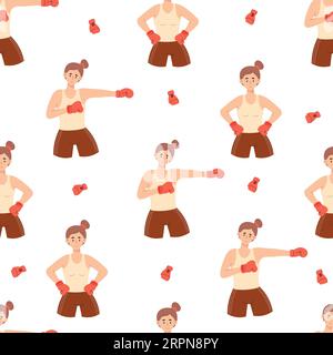 Seamless pattern boxing. Cute girls athletes boxers on white background with boxing gloves. Vector illustration in flat cartoon style Stock Vector