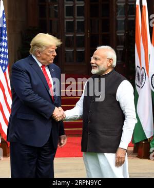 200225 -- NEW DELHI, Feb. 25, 2020 -- U.S. President Donald Trump shakes hands with Indian Prime Minister Narendra Modi before their meeting at Hyderabad House in New Delhi, India, Feb. 25, 2020. Photo by /Xinhua INDIA-NEW DELHI-MODI-TRUMP-MEETING ParthaxSarkar PUBLICATIONxNOTxINxCHN Stock Photo