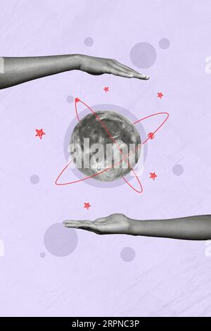 Image poster collage of human arms hold Jupiter mars venus pluto planet isolated on black white gamma drawing background Stock Photo