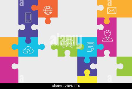 Color jigsaw pieces with business icon. Presentation template Stock Vector