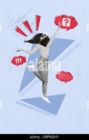 Psychedelic image collage of funky unusual creature with monkey head long hair jump up talk communicate isolated on drawing background Stock Photo