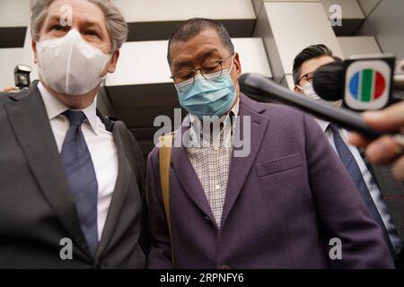 200228 -- HONG KONG, Feb. 28, 2020 Xinhua -- Jimmy Lai Chee-ying R, front, instigator of the Hong Kong riots, leaves a police station after being granted bail in south China s Hong Kong, Feb. 28, 2020. Hong Kong police said at a press briefing on Friday that three Hong Kong residents were arrested for unauthorized assembly and are scheduled to appear before court on May 5. It is reported that the three are Jimmy Lai Chee-ying, instigator of the Hong Kong riots, and two opposition figures Lee Cheuk-yan and Yeung Sum. Xinhua/Lui Siu Wai CHINA-HONG KONG-JIMMY LAI-ARREST CN PUBLICATIONxNOTxINxCHN Stock Photo