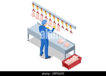 Isometric Factory for the production of food from meat. Food products meat chicken in plastic packaging on the conveyor. Meat chicken. Stock Vector