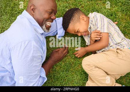 Overhead Shot Of Smiling Grandfather And Grandson Playing On Grass In Garden Together Stock Photo
