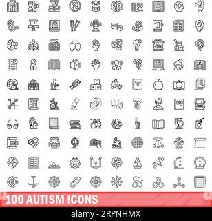 100 autism icons set. Outline illustration of 100 autism icons vector set isolated on white background Stock Vector