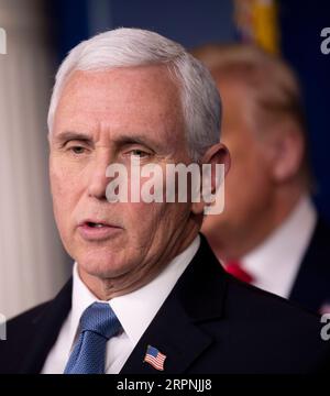 200229 -- WASHINGTON, Feb. 29, 2020 -- U.S. Vice President Mike Pence attends a press conference at the White House in Washington D.C., the United States, on Feb. 29, 2020. The United States on Saturday announced additional travel restrictions on Iran and raised travel advisories for certain areas of Italy and South Korea over coronavirus concerns.  U.S.-WASHINGTON D.C.-PRESS CONFERENCE-CORONAVIRUS LiuxJie PUBLICATIONxNOTxINxCHN Stock Photo