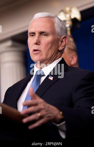 200229 -- WASHINGTON, Feb. 29, 2020 -- U.S. Vice President Mike Pence attends a press conference at the White House in Washington D.C., the United States, on Feb. 29, 2020. The United States on Saturday announced additional travel restrictions on Iran and raised travel advisories for certain areas of Italy and South Korea over coronavirus concerns.  U.S.-WASHINGTON D.C.-PRESS CONFERENCE-CORONAVIRUS LiuxJie PUBLICATIONxNOTxINxCHN Stock Photo