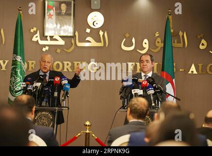 200301 -- ALGIERS, March 1, 2020 Xinhua -- Algerian Foreign Minister Sabri Boukadoum R and visiting Arab League AL Secretary-General Ahmed Aboul Gheit attend a joint press conference in Algiers, Algeria, Feb. 29, 2020. Xinhua ALGERIA-ALGIERS-ALGERIAN FM-AL-SECRETARY-GENERAL-MEETING PUBLICATIONxNOTxINxCHN Stock Photo