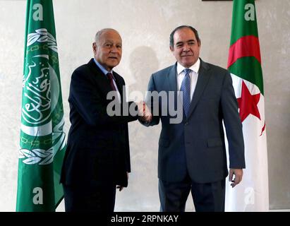 200301 -- ALGIERS, March 1, 2020 Xinhua -- Algerian Foreign Minister Sabri Boukadoum R meets with visiting Arab League AL Secretary-General Ahmed Aboul Gheit in Algiers, Algeria, Feb. 29, 2020. Xinhua ALGERIA-ALGIERS-ALGERIAN FM-AL-SECRETARY-GENERAL-MEETING PUBLICATIONxNOTxINxCHN Stock Photo