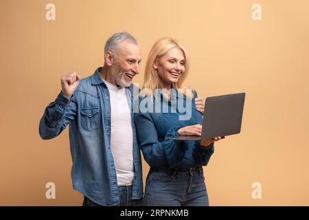 Excited senior couple using laptop, celebrating success Stock Photo
