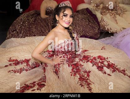 200302 -- HOUSTON, March 2, 2020 Xinhua -- A model presents a Quinceanera  dress at the Big One Quinceanera Expo in Houston, Texas, United States, on  March 1, 2020. Quinceanera is a