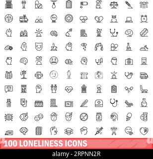 100 loneliness icons set. Outline illustration of 100 loneliness icons vector set isolated on white background Stock Vector