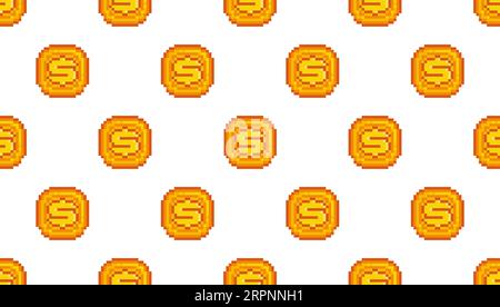 Pixel dollar coin seamless pattern. Gold coins money background. Vector illustration Stock Vector