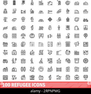 100 refugee icons set. Outline illustration of 100 refugee icons vector set isolated on white background Stock Vector