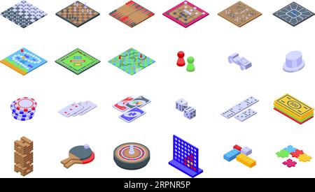 Playing board games icons set isometric vector. Play card. Family game Stock Vector
