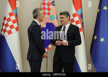 200304 -- ZAGREB, March 4, 2020 -- Croatian President Zoran Milanovic R talks with NATO Secretary General Jens Stoltenberg in Zagreb, Croatia, on March 4, 2020. /Pixsell via Xinhua CROATIA-ZAGREB-PRESIDENT-NATO SECRETARY GENERAL-MEETING JuricaxGaloic PUBLICATIONxNOTxINxCHN Stock Photo