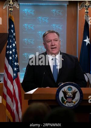 200305 -- WASHINGTON, March 5, 2020 -- U.S. Secretary of State Mike Pompeo speaks during a press briefing in Washington D.C., the United States, on March 5, 2020. Pompeo said Thursday the increasing violence in some parts of Afghanistan was unacceptable, urging warring parties to stop posturing before intra-Afghan peace talks.  U.S.-WASHINGTON D.C.-POMPEO-PRESS BRIEFING-AFGHANISTAN LiuxJie PUBLICATIONxNOTxINxCHN Stock Photo