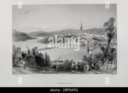 Londonderry The scenery and antiquities of Ireland by Bartlett, W. H. (William Henry), 1809-1854, illustrator.Volume 1. Publisher London : G. Virtue 1842 William Henry Bartlett (March 26, 1809 – September 13, 1854) was a British artist, best known for his numerous drawings rendered into steel engravings. Stock Photo